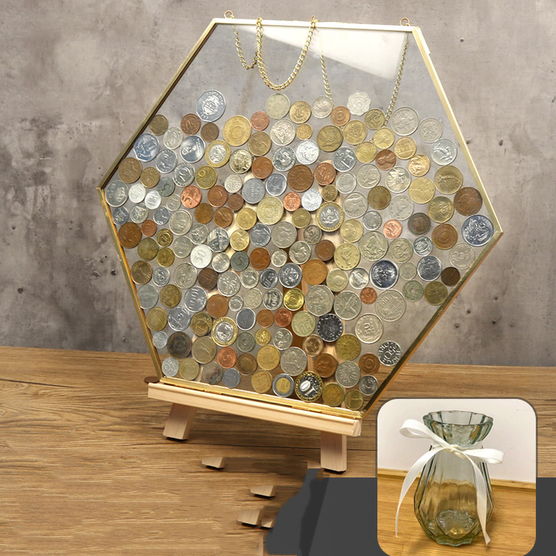 Hexagon coin frame glass transparent specimen (gold-g)