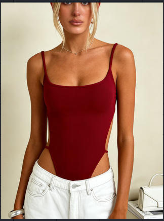 Sexy Square Neck Thin Strap High Cut Open Back Bodycon Bodysuit