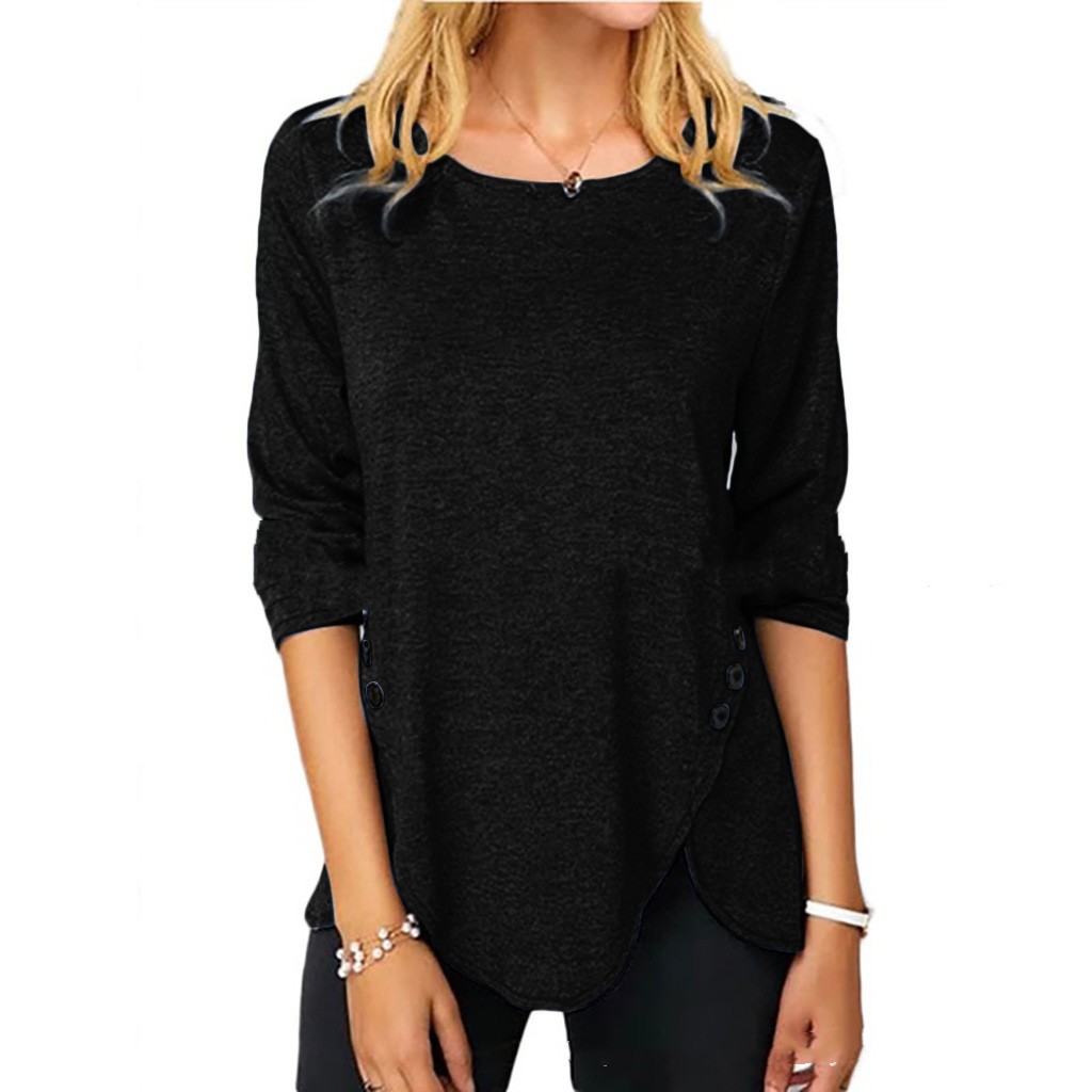 Irregular Button Hem Long Sleeved Round Neck Oversized T shirt Black - Shop at LoveMi