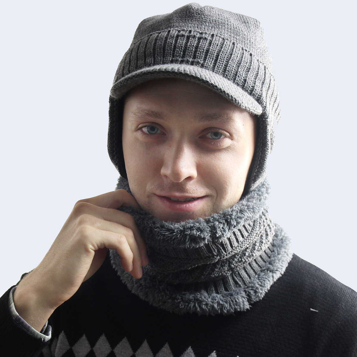 Men's Velvet Hat With Eaves Autumn And Winter Pullover Cap Bib Set Ear Protection Warm Woolen Cap