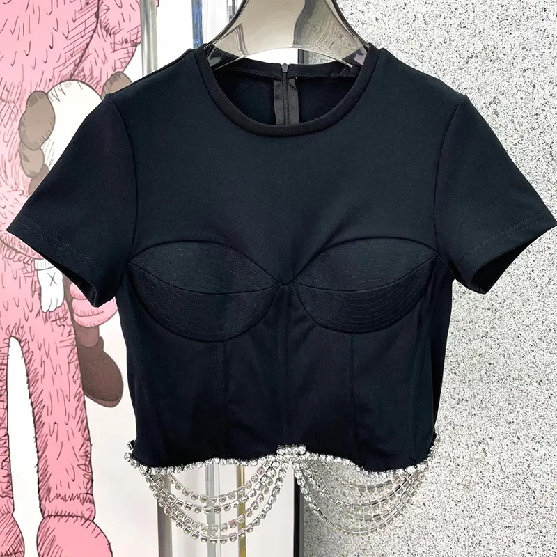 French Heavy Industry Rhinestone Side Three-dimensional Tailoring Is Thin And Short-sleeved Women