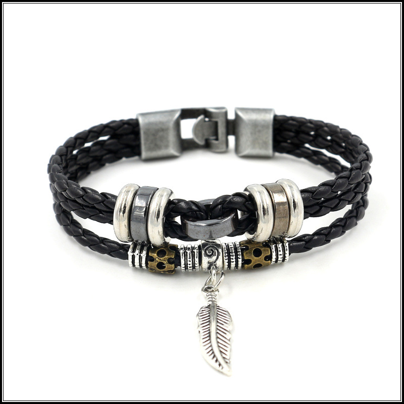Retro Fashion PU Braided Beaded Small Leaf Pendant Leather Cord Bracelet