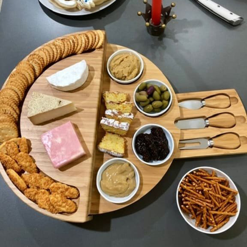 Wooden cheese cutting board set rotating opening