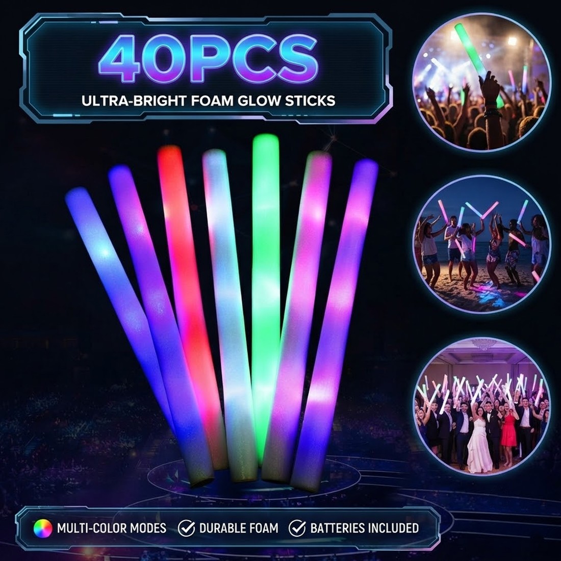 40pcs LED Foam Glow Sticks Party Wedding Flashing Light Stick Light-up Wand — image 7