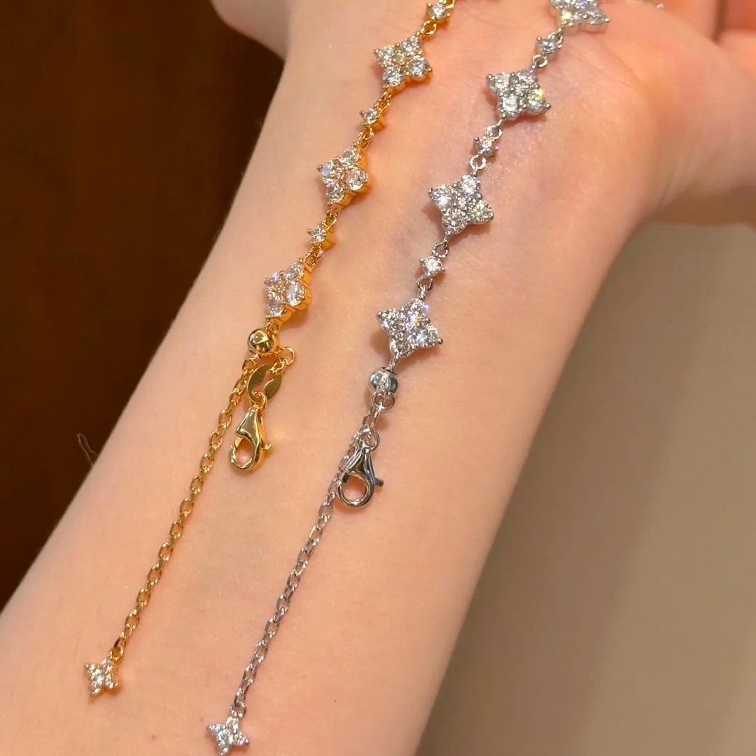 Full Pave Clear Simulated Zirconia Star Adjustable Bracelet Gold Silver Tone Stackable Women Daily Hand Orname