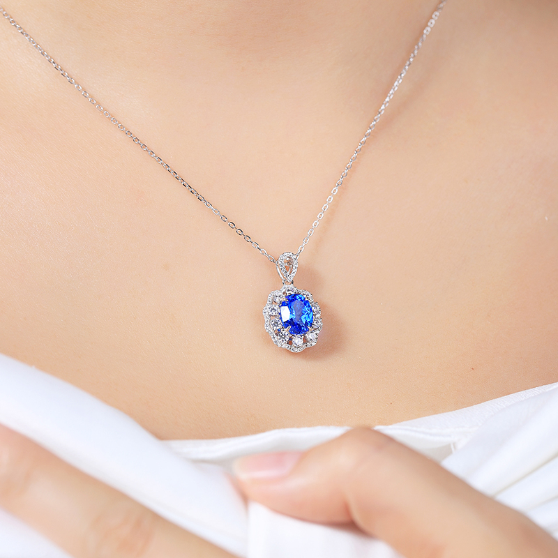 S925 Silver 4g Lab-Created Cobalt Spinel Paraiba Necklace, 7x9mm Pendant, 40&5cm