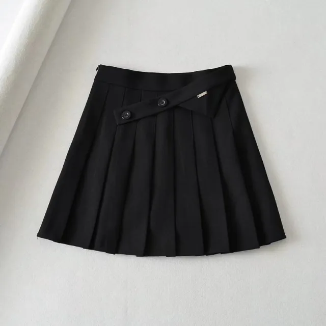 New Summer Oblique Button High Waist Pleated Skirt Black - Shop at LoveMi