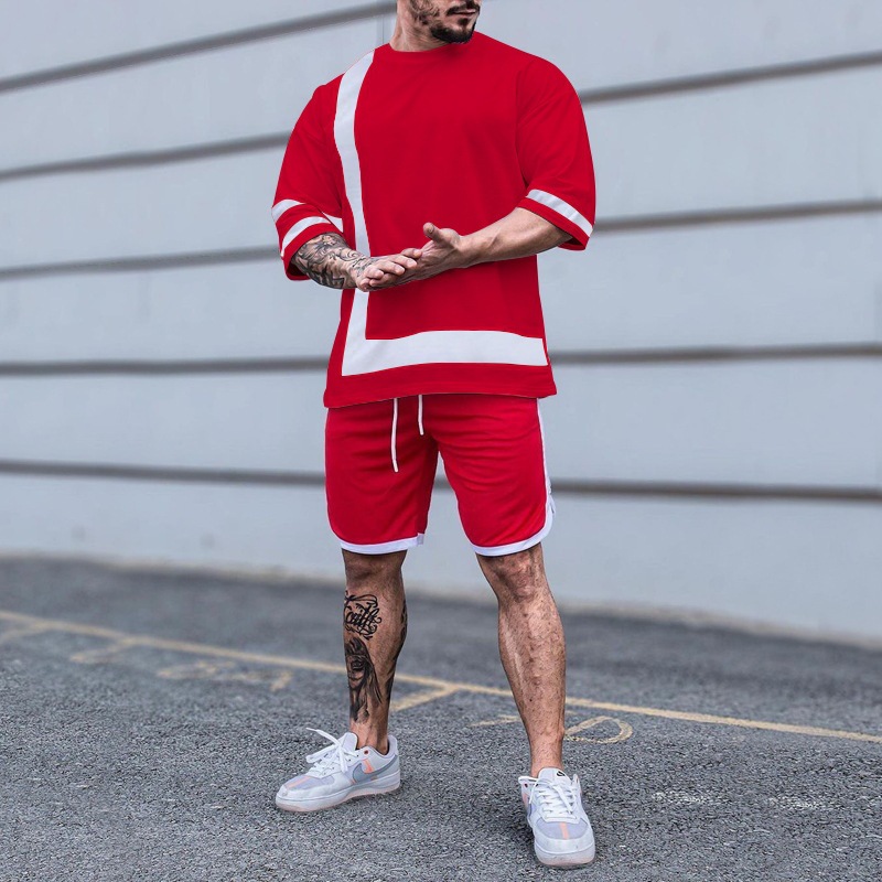 New Men's Colorblock Crew Neck Short-sleeved Shorts Suit