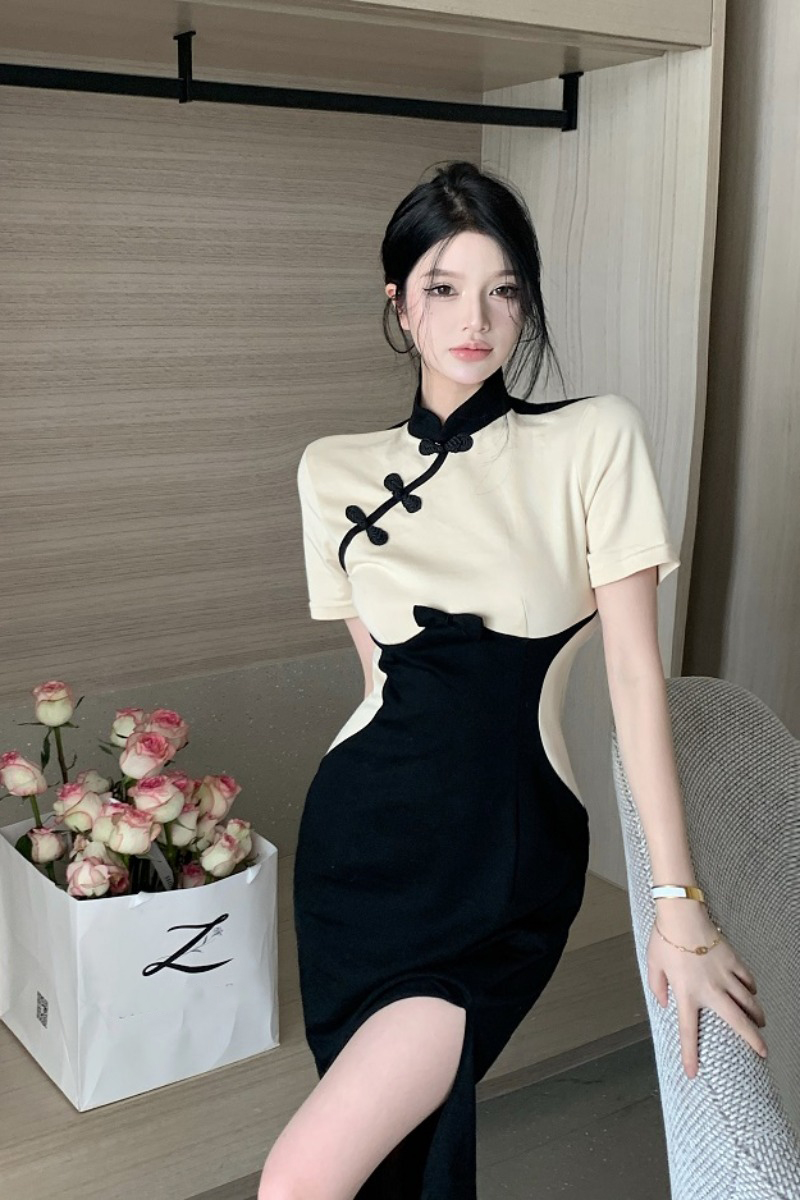 New Chinese Style Waist Stitching Slit Midi Skirt