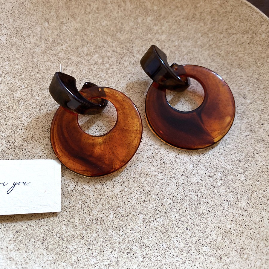 Amber Resin Hoop Stud Earrings with Gold Accents - Vintage Style Button Earrings