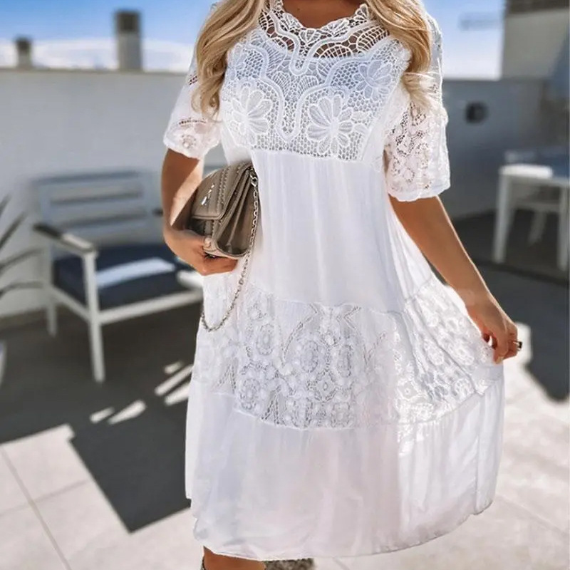 Fashion Short Sleeve Lace Dress White - Shop at LoveMi