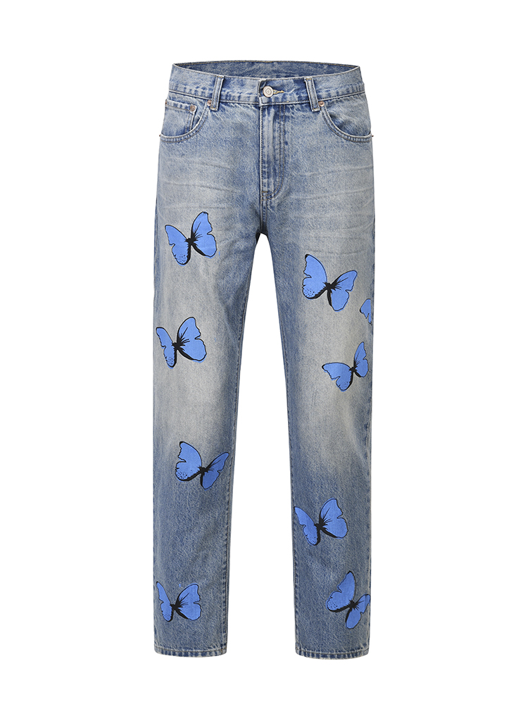 Men's And Women's Hip-hop Butterfly Print Fitted Small-foot Jeans