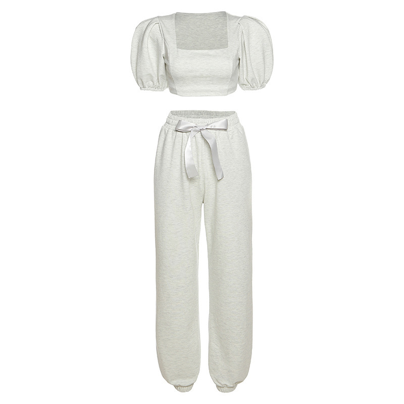 Women's Lantern Sleeve Square Neck T-shirt High Waist Pants Pants Casual Suit