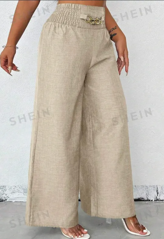 Women's Loose Wide Leg Blue Pants With Metal Chain Decoration For Summer - Apricot