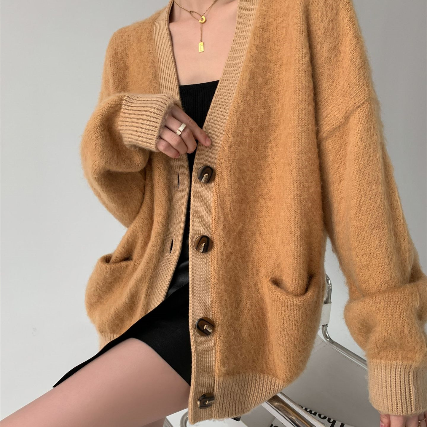 Women's Mohair V-neck Cardigan Pocket Sweater