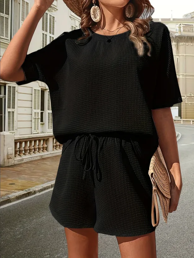 Women's New Short sleeved Suit, Women's Foreign Bat Shirt, Fashion Shorts Two piece Set Black - Shop at LoveMi