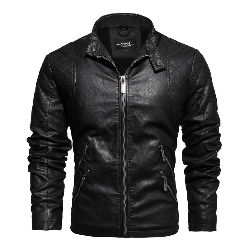 Casual Men's  Pleated Business Gentleman Fit Stand-up Collar PU Leather Jacket