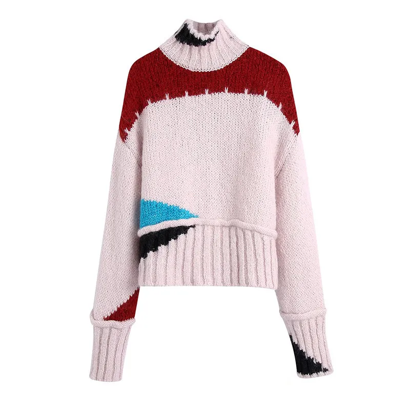 European And American Women's Color Block Knitted Sweater - Photo Color