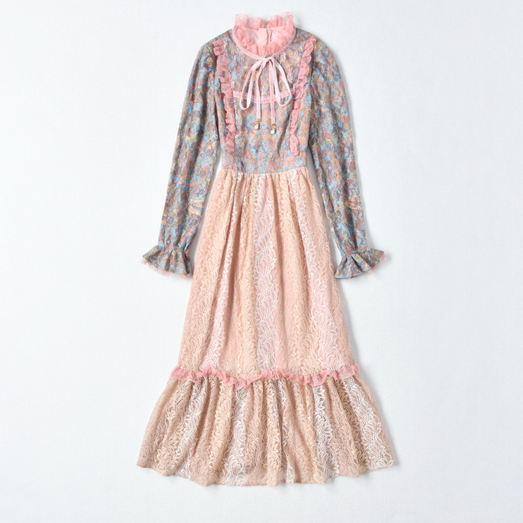 Stand-neck Bow Tie Lotus Lace Patchwork Print Maxi Dress