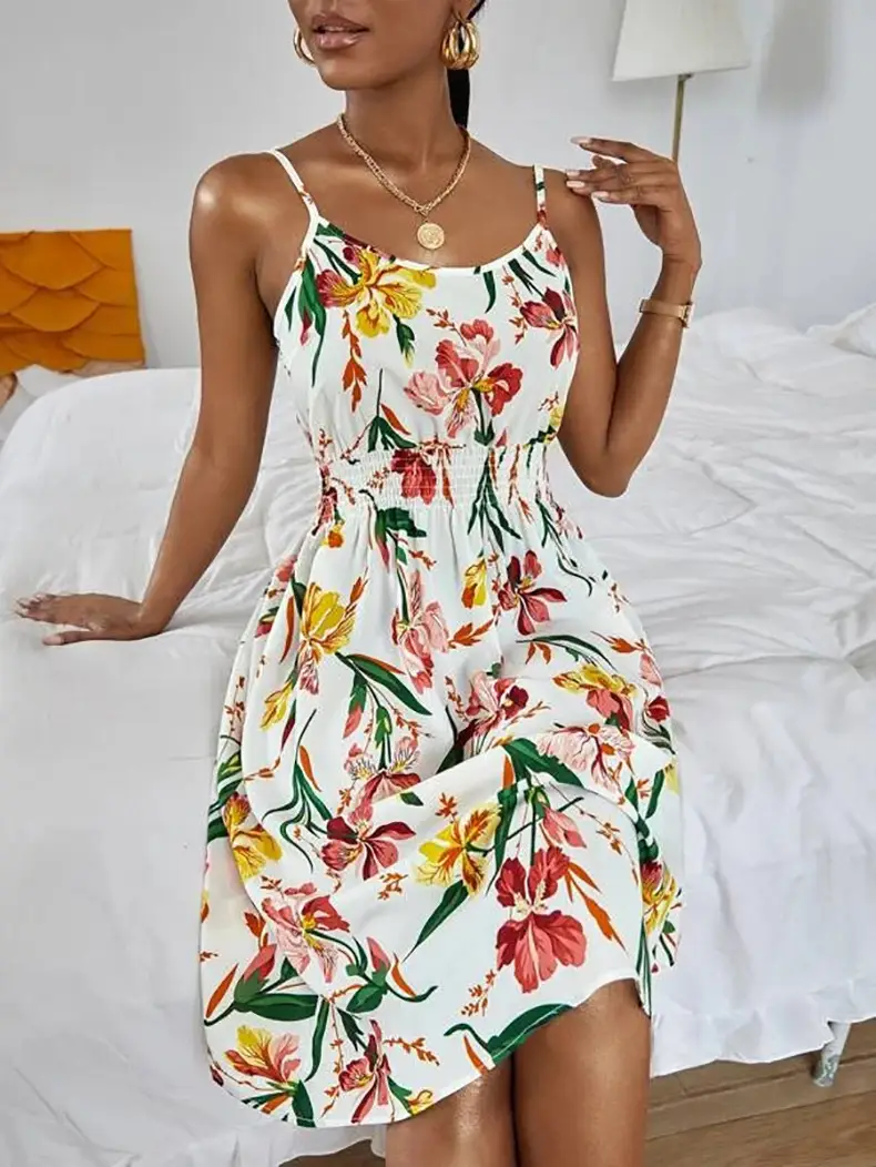 European And American Women's Sleeveless Skirt Round Neck Pullover Print Suspender Dress