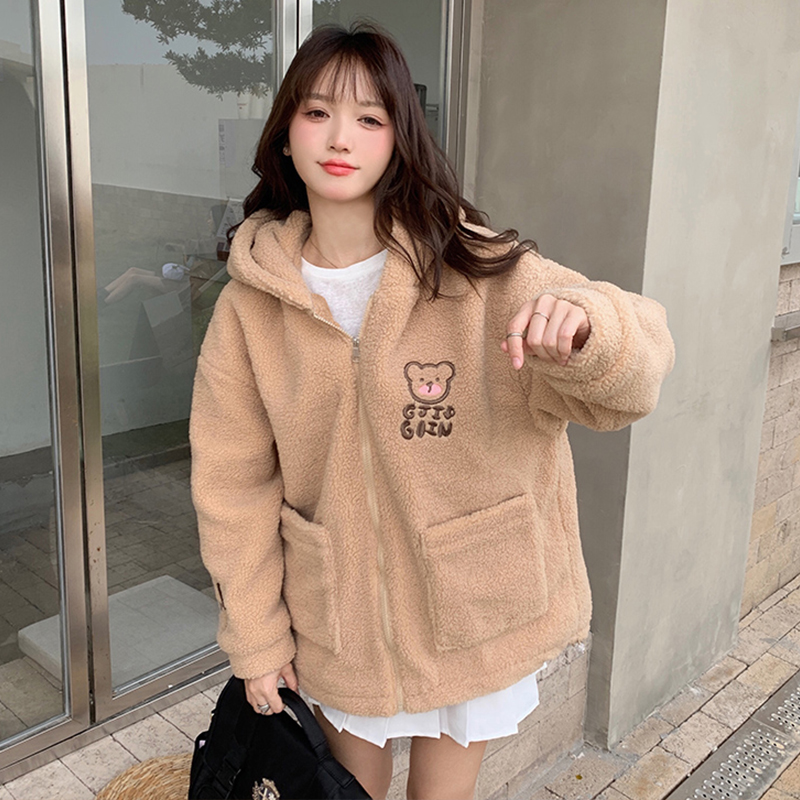 Student's Loose Fleece Thickened Cute Padded Jacket Khaki - Shop at LoveMi