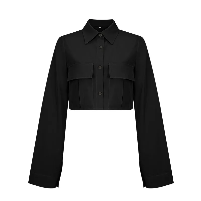 Autumn New Fashion Solid Pocket Short Shirt - Black