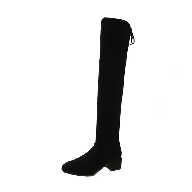 Square Toe Fashion Side Zipper Square Heel Outer Wear Stretch Skinny Boots Black - Shop at LoveMi