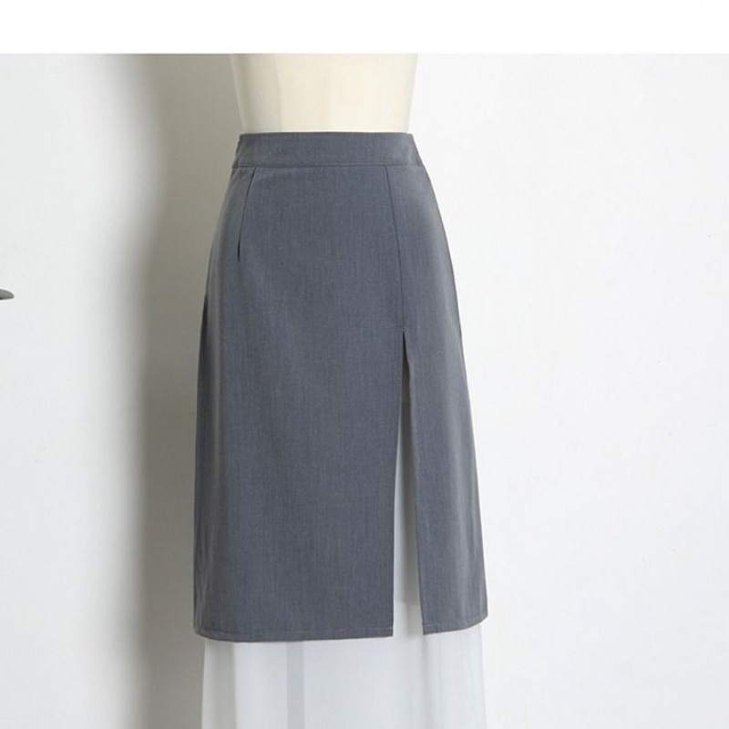 High Waist Double Layer Slit Skirt Elephant Gray And Pearl White Stitching Contrast Color