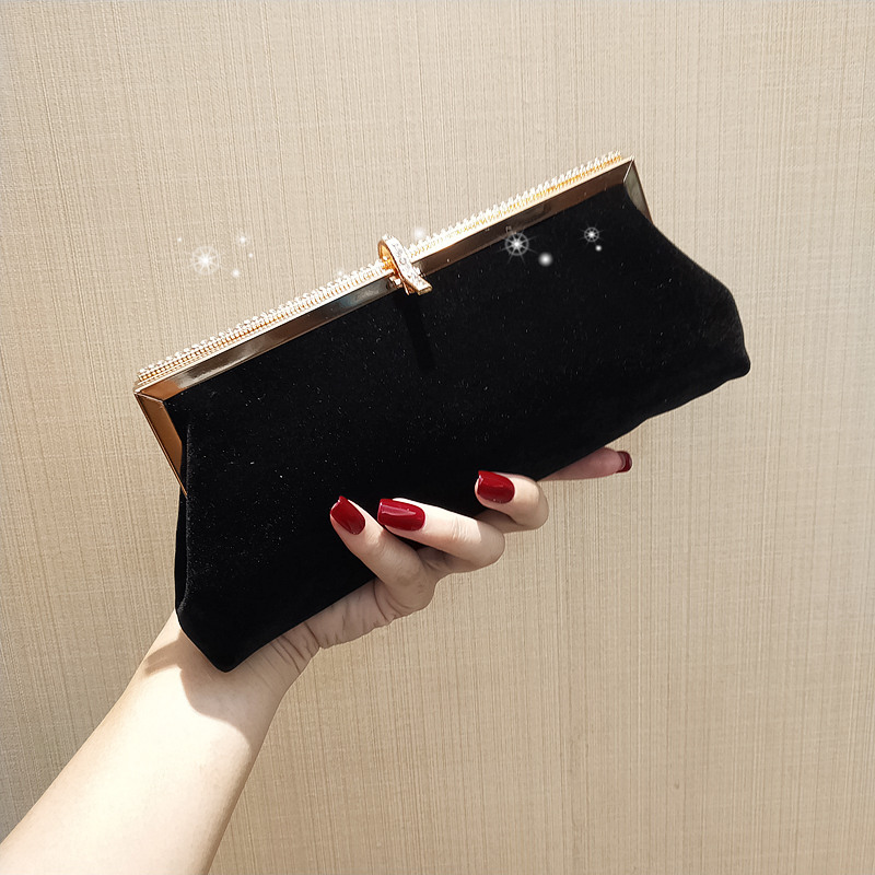 Black Clutch Bag With Diamond Velvet One Shoulder Diagonal Black - Shop at LoveMi
