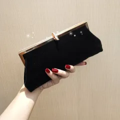 Black Clutch Bag With Diamond Velvet One Shoulder Diagonal - Black - View 1
