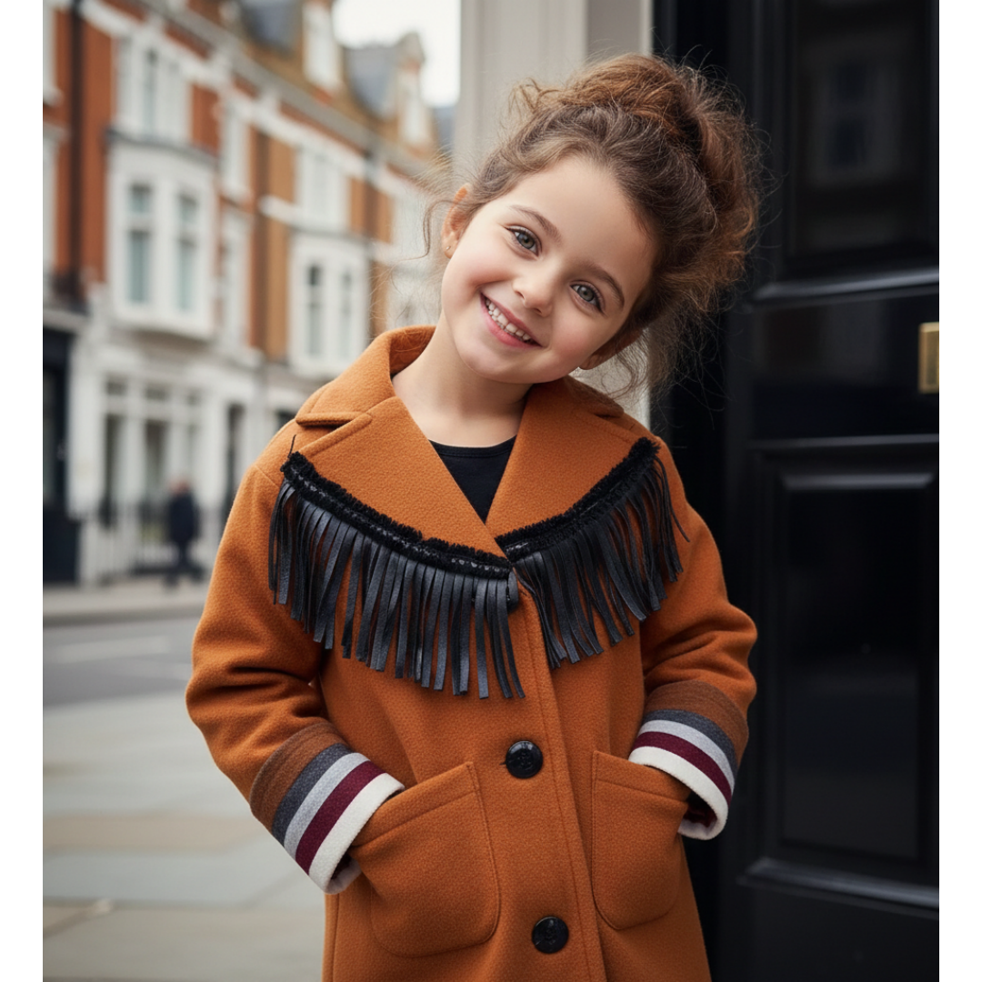 Girls Woolen Long Coat 3-12y Cream Orange Vintage Cute Style — image 12