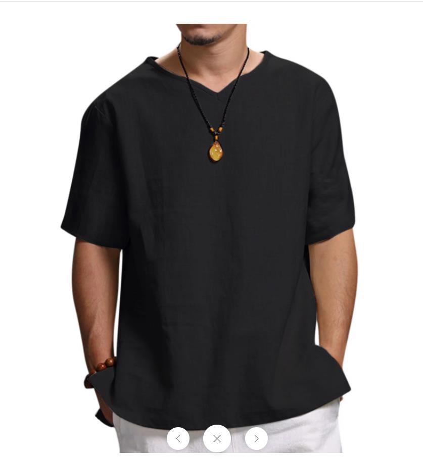 Cotton Linen Men's Top Loose Casual Solid Color Short Sleeve V Neck