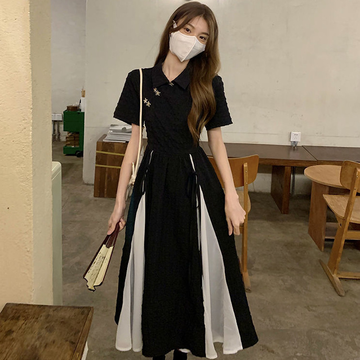 New Solid Color Short Sleeve Patchwork Long Skirt For Women