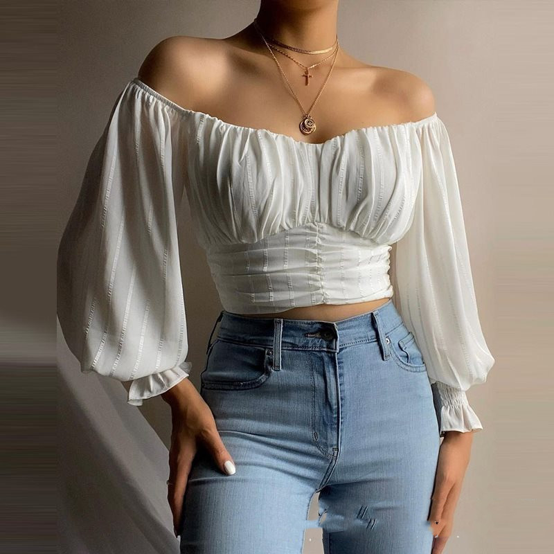 White One Shoulder Long Sleeve Bubble Slim Top