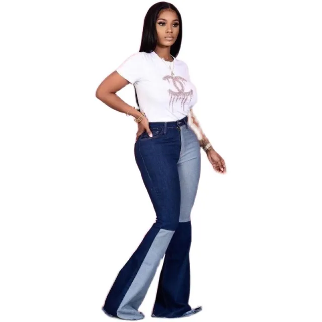 Patchwork Denim Flared Pants Dark Blue - Shop at LoveMi