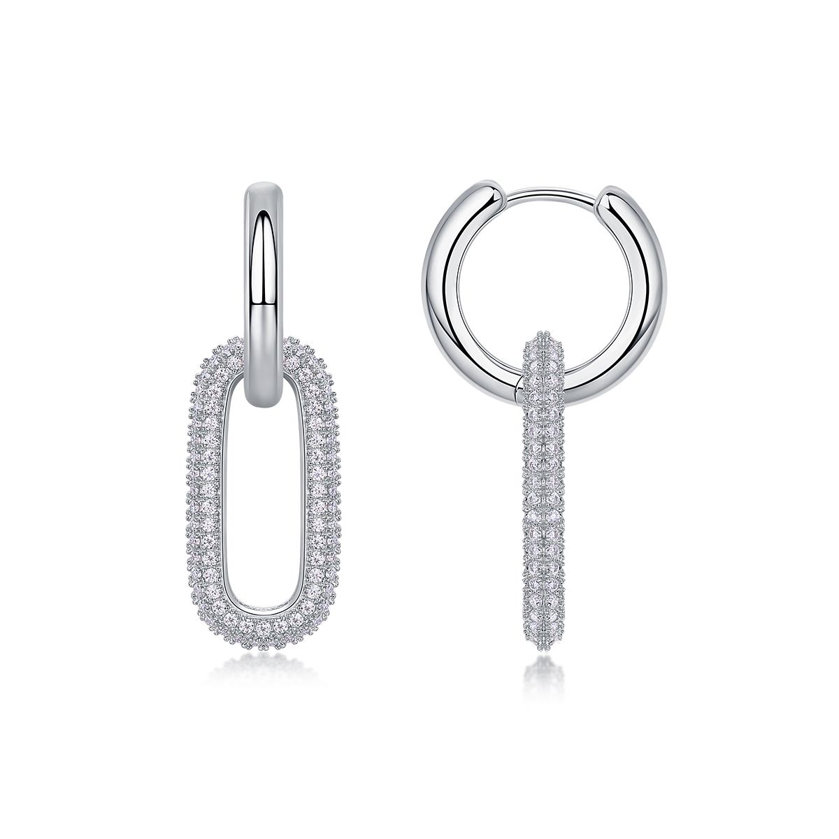 S925 Sterling Silver Geometric Link Drop Earrings, D-VVS1 Moissanite Pave, Platinum Plated 9.4g Women's Jewelry Gift Box
