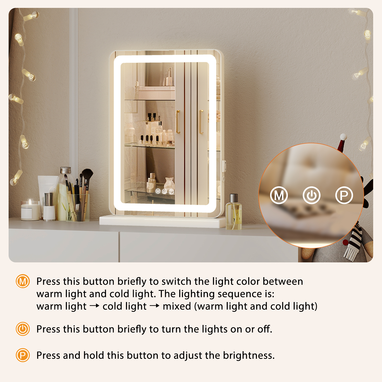 Vanity Mirror With Lights, LED Makeup Mirror With Dimmable 3 Color Modes, Touch Screen Control Vanity Based Mirror Desk Mirror Square White — foto 15