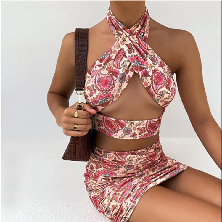 Women's Halter Drawstring Pleated Sleeveless Top Pack Hip Skirt Set