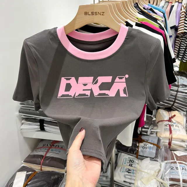 Short sleeved T shirt Women's Western Style Retro Print V neck Round Neck Grey - Shop at LoveMi