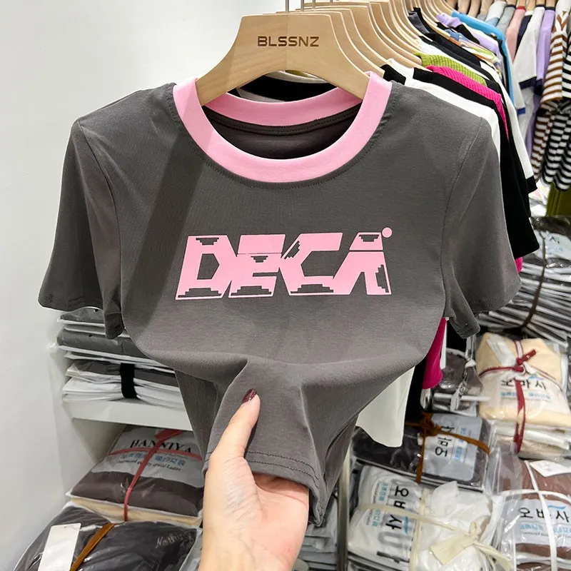 Short-sleeved T-shirt Women's Western Style Retro Print V-neck - Round Neck Grey