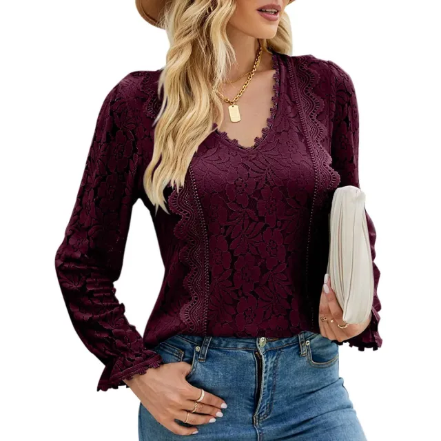 Hollow Long Sleeve Lace Top Woman Wine Red - Shop at LoveMi