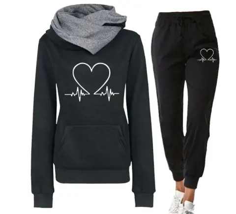 Love Heart Printed Sports Suit Hooded Sweatshirt Top