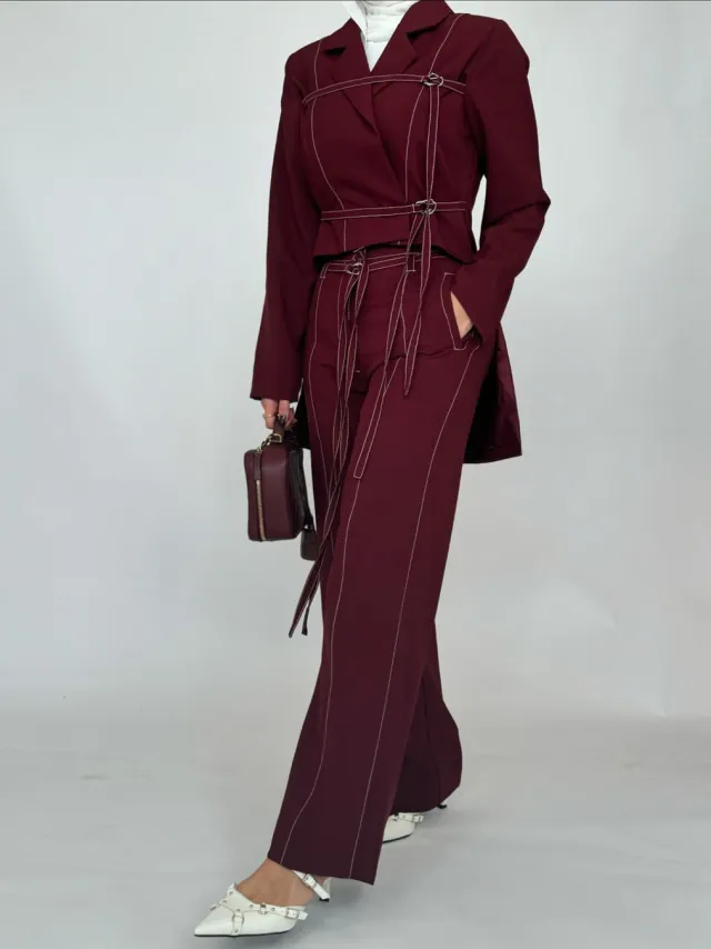 Burgundy Lace up Top & High waisted Pants Set Claret - Shop at LoveMi