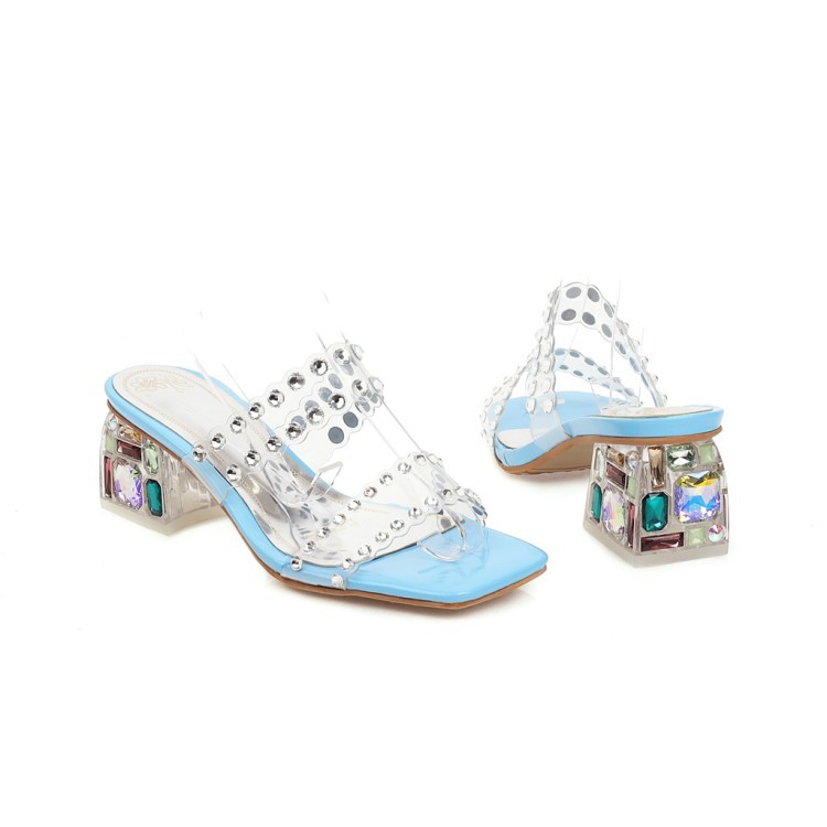 Stylish Studded Square Toe Chunky Heel Sandals