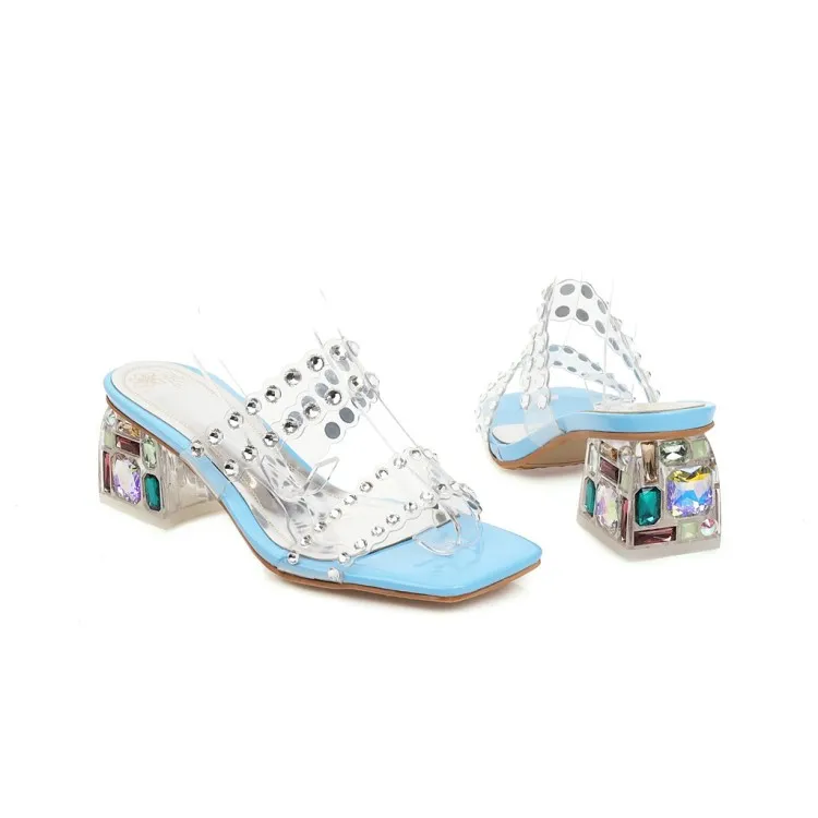 Stylish Studded Square Toe Chunky Heel Sandals - Blue
