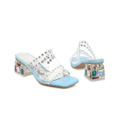 Stylish Studded Square Toe Chunky Heel Sandals - Blue - View 1