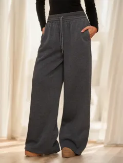 Forever 21 Autumn Winter New Thermal Lined Thick Casual Versatile High Waist Elastic Waist Loose Wide Leg Sweatpants - Dark Grey - View 1