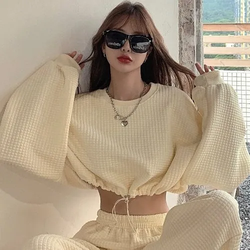 New Hyuna Style Long Sleeve Crop Sweatshirt Top High Waist Pants Apricot Top - Shop at LoveMi