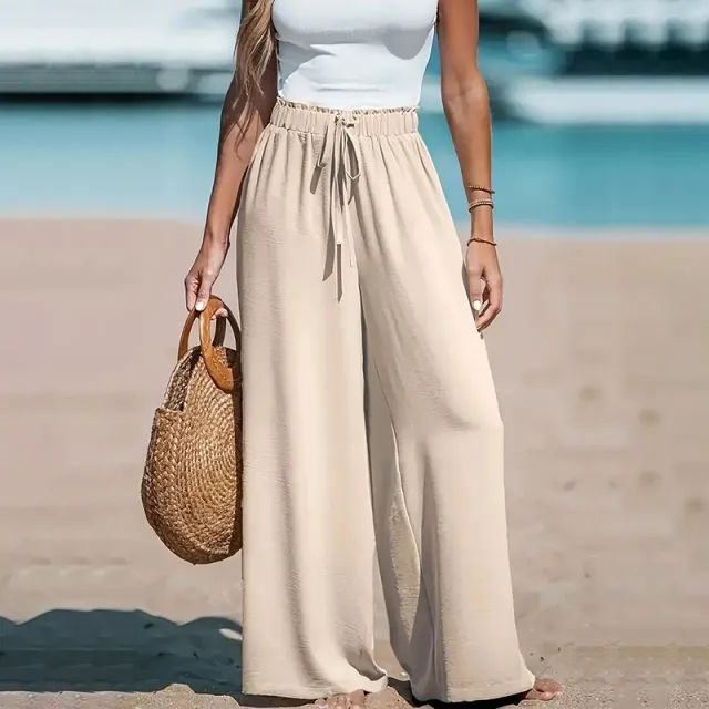 Women's Elastic High Waist Wide Leg Pants, Casual Loose Fit Trousers For Business & Everyday Wear Apricot - Shop at LoveMi