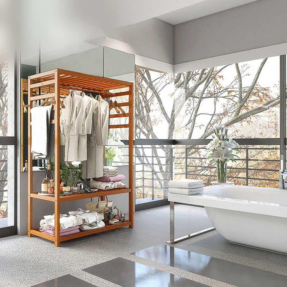 Heavy Duty Wooden Clothes Rail Rack Garment Hanging Stand Corner Open Wardrobe — image 7
